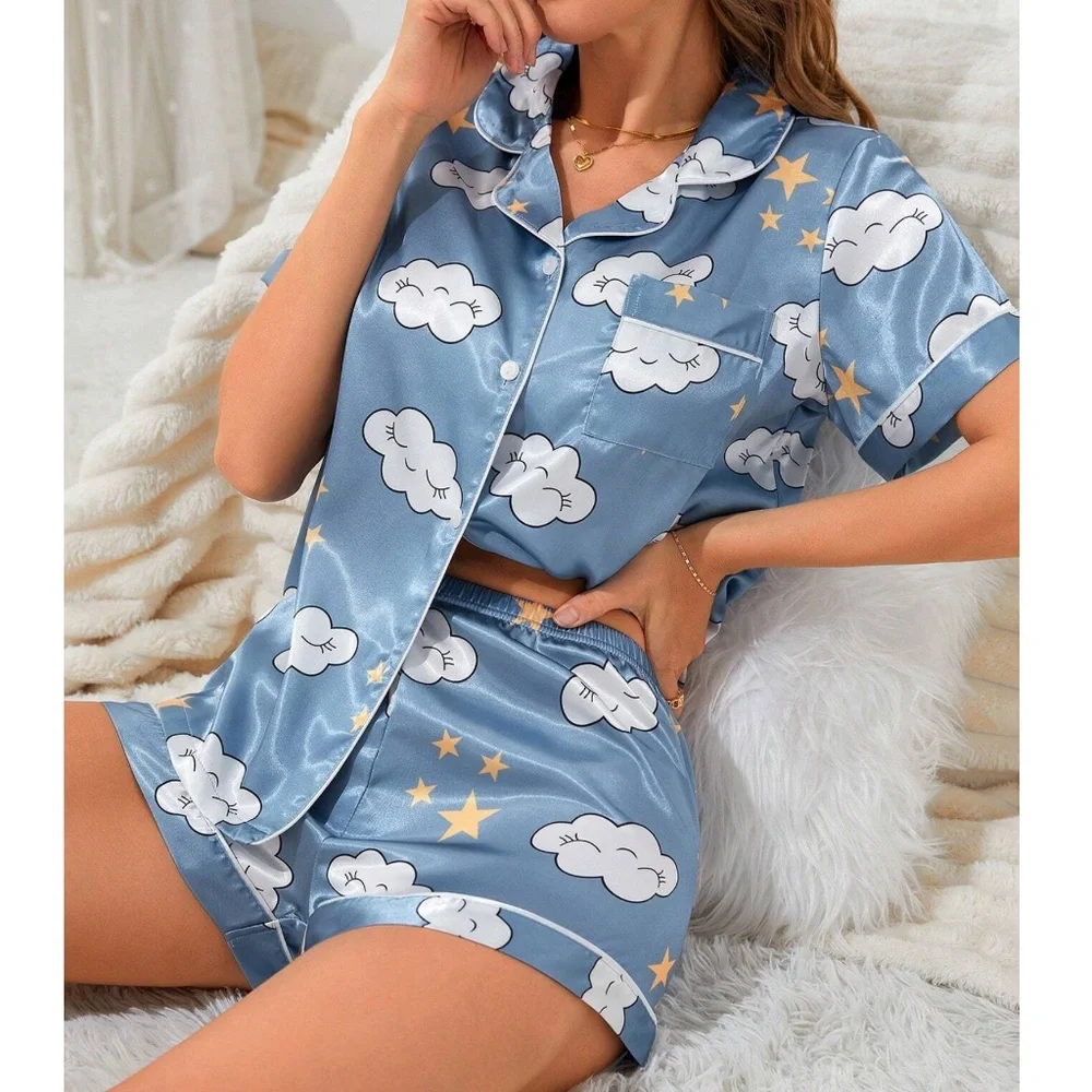 Cozy Light Blue Satin Smiley Star Print Button Short Sleeve Shorts Sleep Set